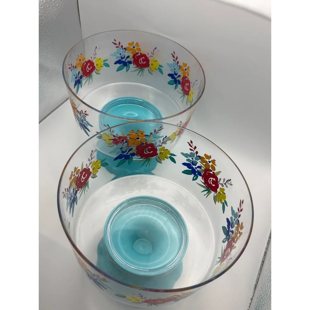 Pioneer Woman Birthday Floral Footed Snack Bowls Set of 2 Turquoise Melamine